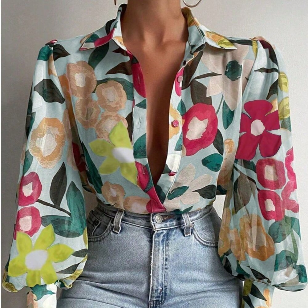 Multicolor Boho Women's Print Lantern Sleeve Ditsy Floral Button-Up Shirt